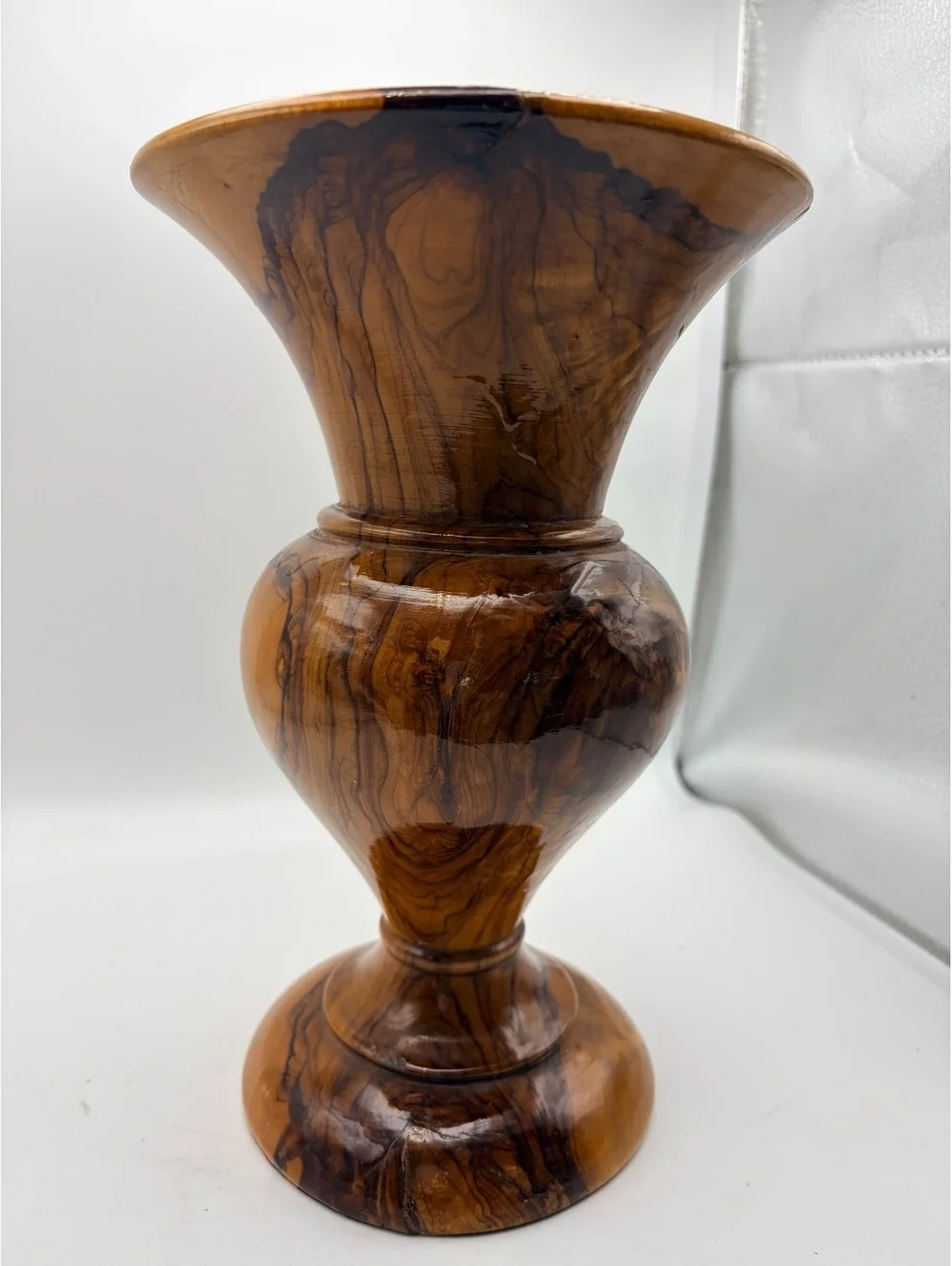 Vintage turned olive wood vase. Rustic and hand crafted.